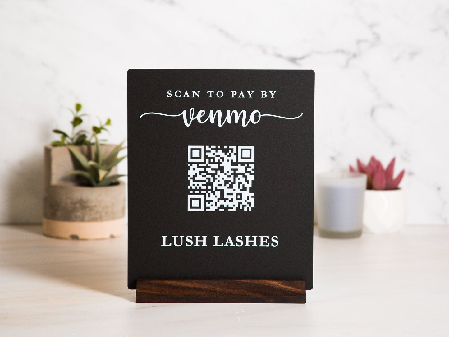 QR Code Scan to Pay w/ Wood Stand - Scannable Acrylic Sign to Pay Venmo Paypal Cashapp Table Sign for Salon Restaurant Bars Small Business