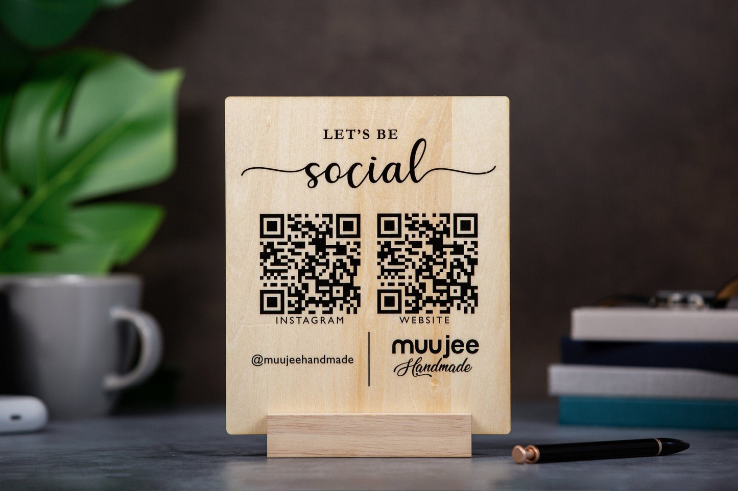 Maple QR Code Social Media Sign w/ Maple Wood Stand - Business Logo Plaque for Pop Up Vendors Weddings Salon Spa Trade Shows Craft Shows