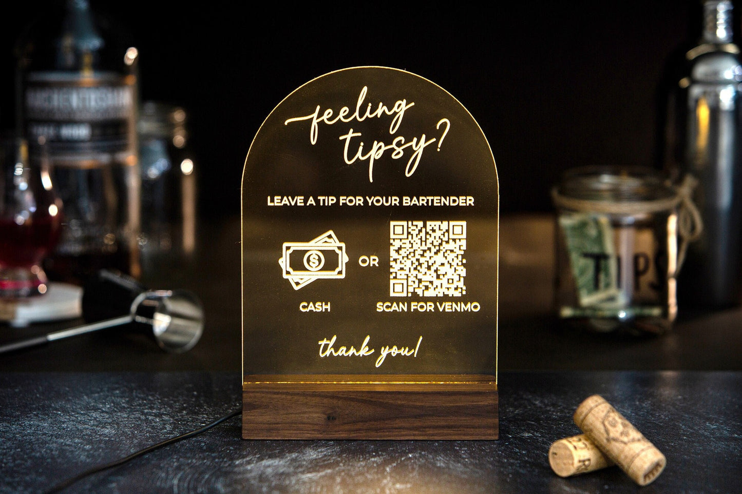 Arched QR Code Sign & Light Up LED Stand (Feeling Tipsy) - Scan for Tips Payment Venmo Paypal Cashapp, Restaurant Bars Small Business Sign