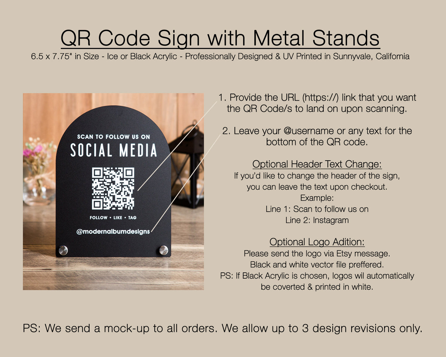 Arched QR Code Social Media Sign - 6x7.75" Scannable Table Desk Signage, Social Media for Small Business, Office Salon Restaurant Bar Signs