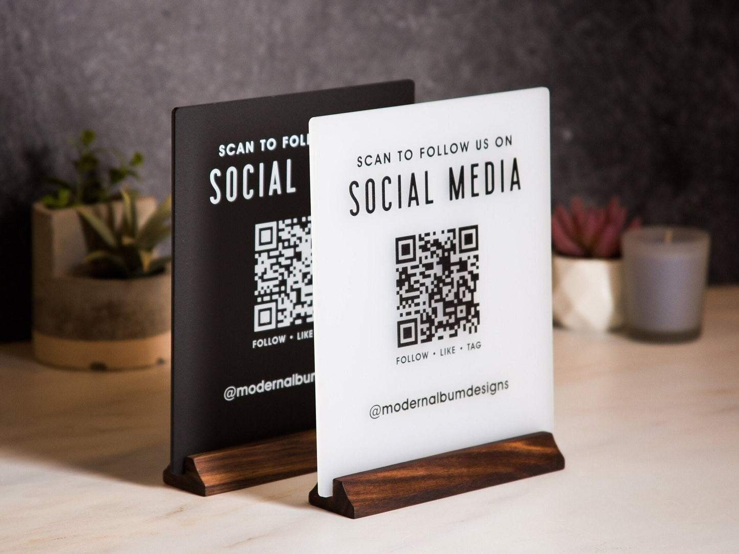 QR Code Social Media Sign w/ Wood Stand - Scannable Office Table Desk Signage, Social Media for Small Business, Salon Restaurant Bar Signs