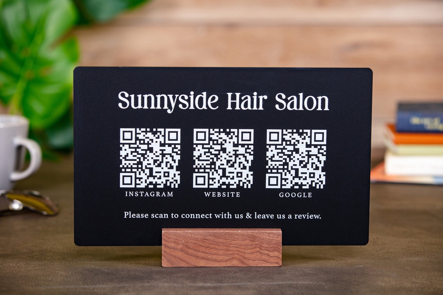 3 QR Codes Business Sign w/ Wood Stand - 11.5x7" Scannable Acrylic Instagram Tiktok Website Business Salon Restaurant Bar Reviews Tips Sign