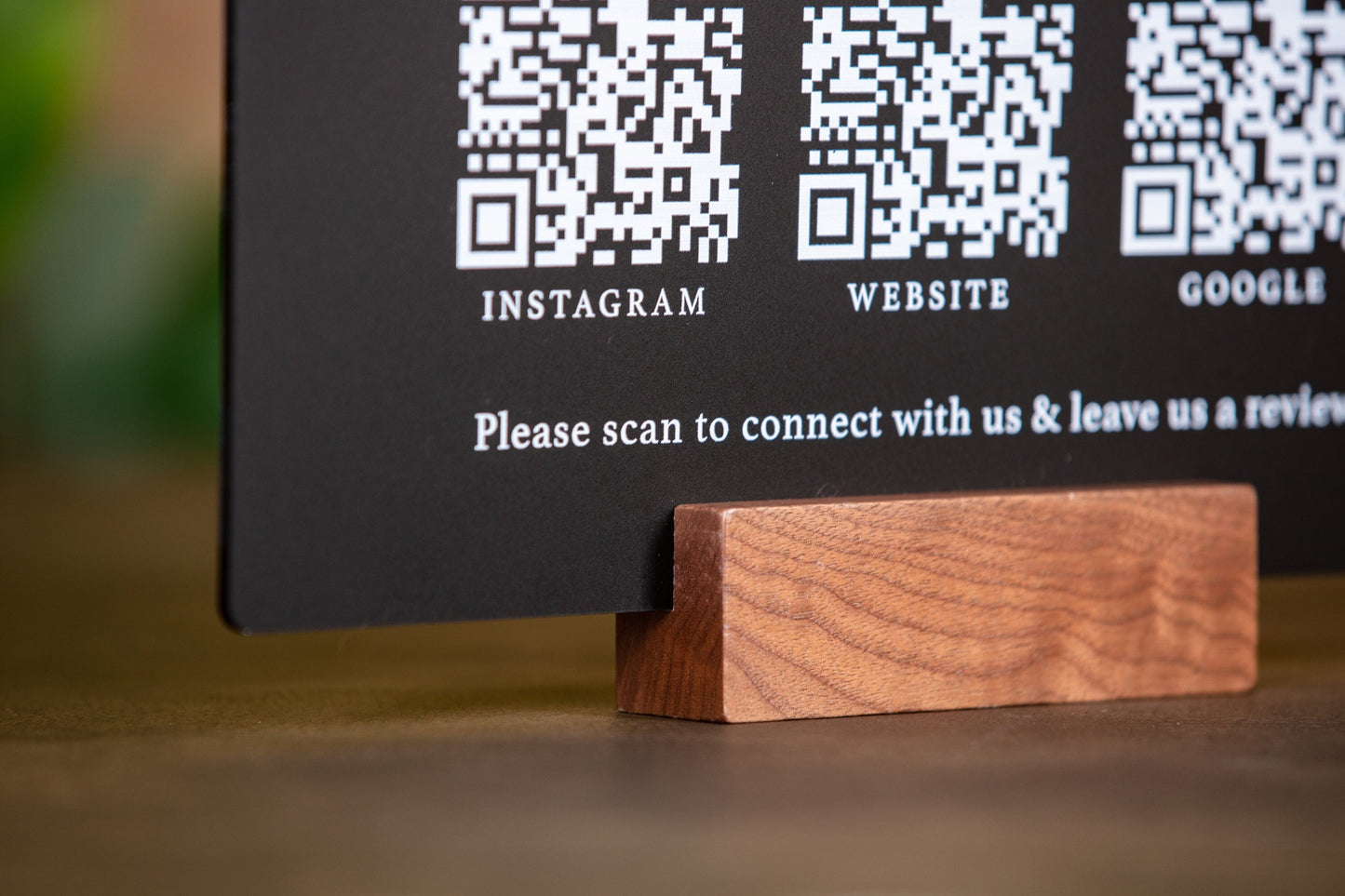 3 QR Codes Business Sign w/ Wood Stand - 11.5x7" Scannable Acrylic Instagram Tiktok Website Business Salon Restaurant Bar Reviews Tips Sign