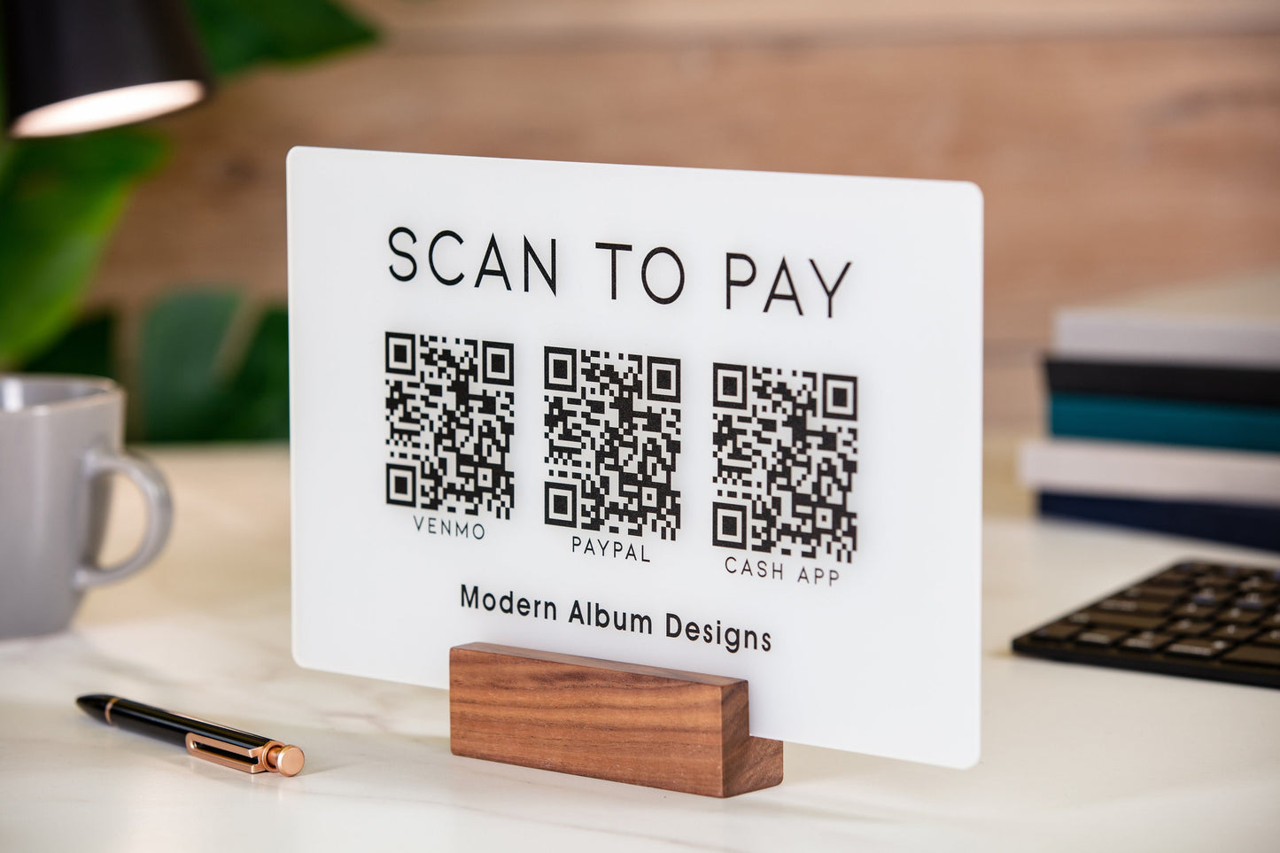 3 QR Codes Scan to Pay w/ Wood Stand - 11.5x7" Scannable Acrylic Desk Signs, Instagram Venmo Website Business Restaurant Bar Reviews Tips