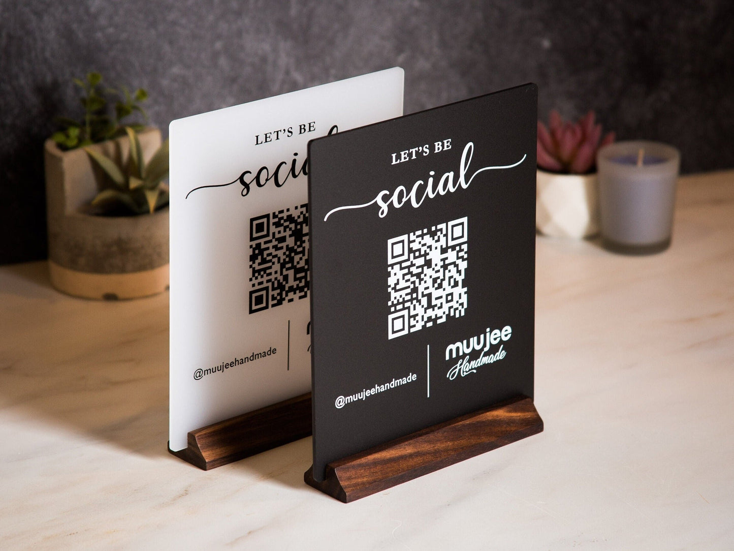 QR Code Social Media Sign w/ Wood Stand - 6.5 x 7.75" Logo Optional Scannable Acrylic Instagram Website Sign for Business Salon Restaurant