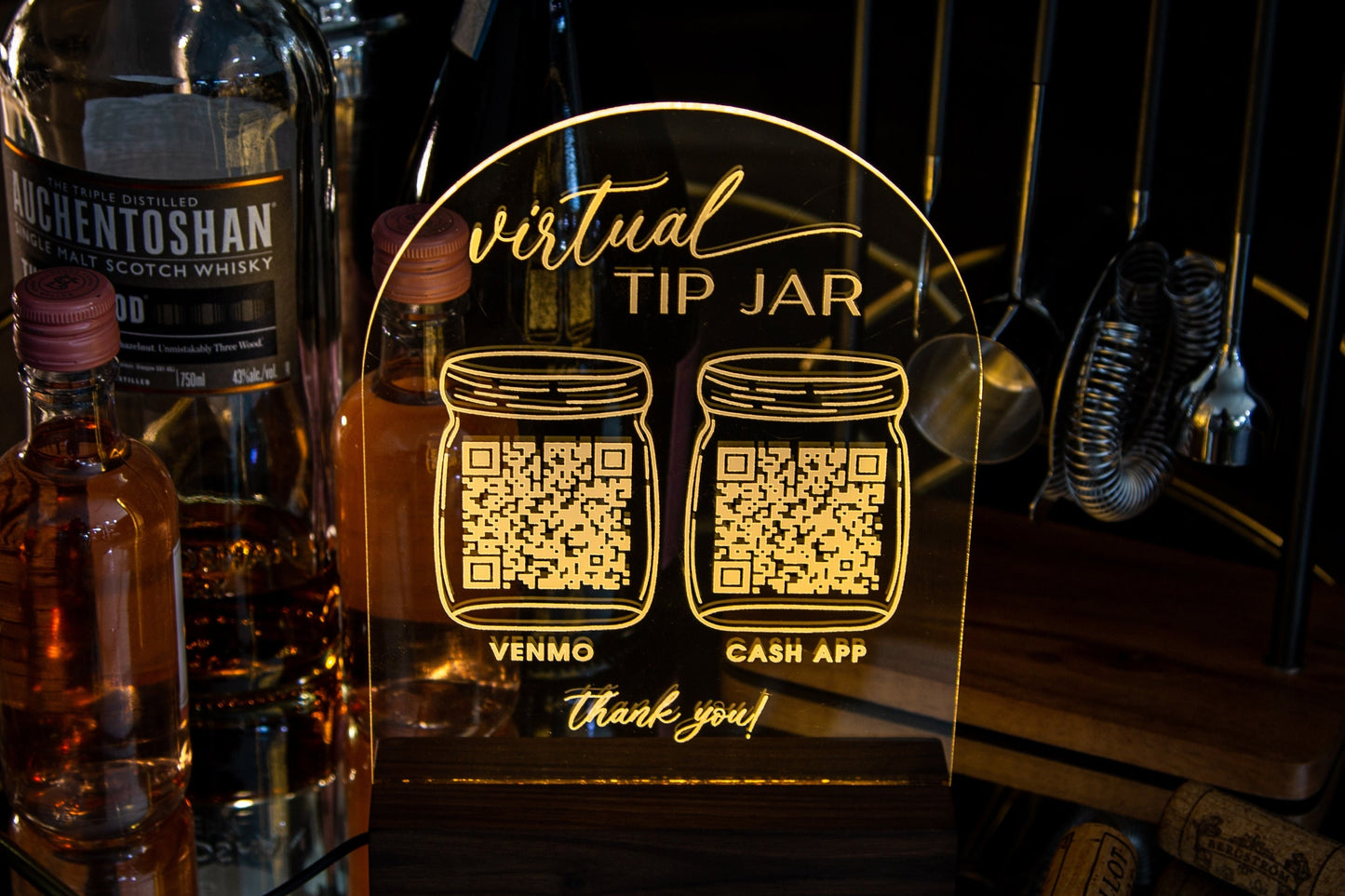 Arched QR Code Sign & Light Up LED Stand (Virtual Tip Jar) - Scan for Tips Payment Venmo Paypal Cashapp, Restaurant Bars Bartender Sign