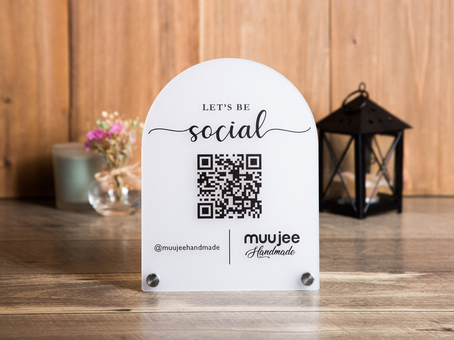 Arched QR Code Social Media Sign - 6x7.75" Scannable Table Desk Signage, Social Media for Small Business, Custom Salon Restaurant Bar Signs