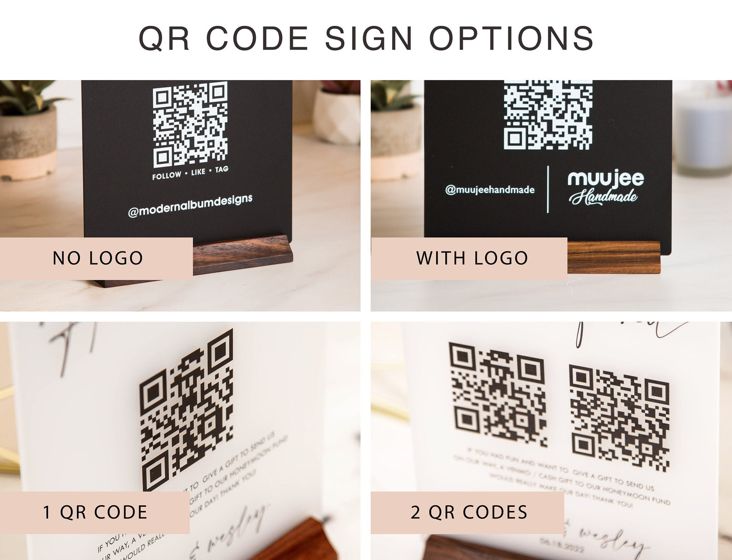 QR Code Social Media Sign w/ Wood Stand - 6.5 x 7.75" Logo Optional Scannable Acrylic Instagram Website Sign for Business Salon Restaurant