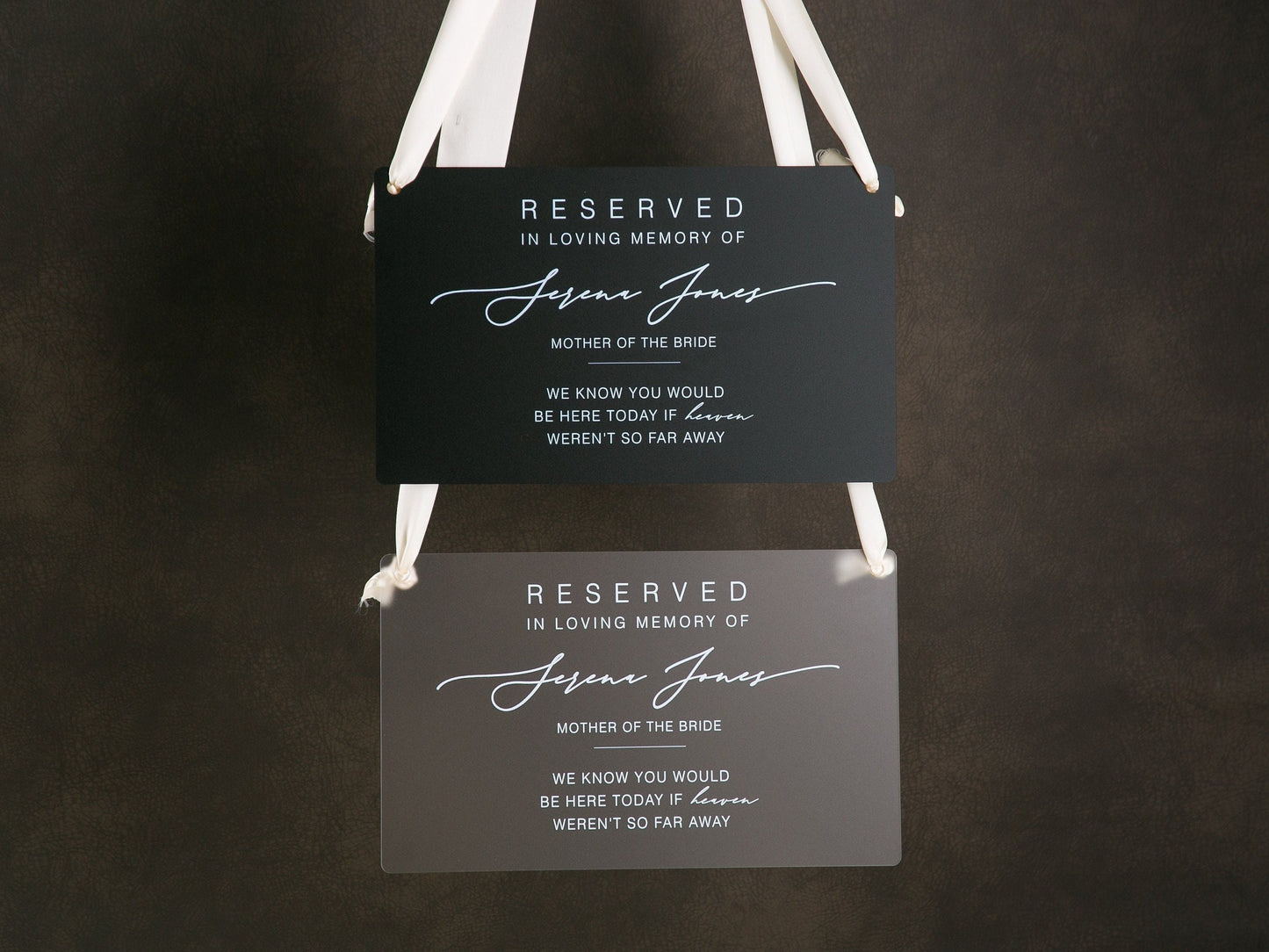 Reserved Hanging Acrylic Sign with Ribbon - Black or Frosted 11.5x7" Sign, In Loving Memory Sign for Wedding Chair Aisle, Memory Table Sign