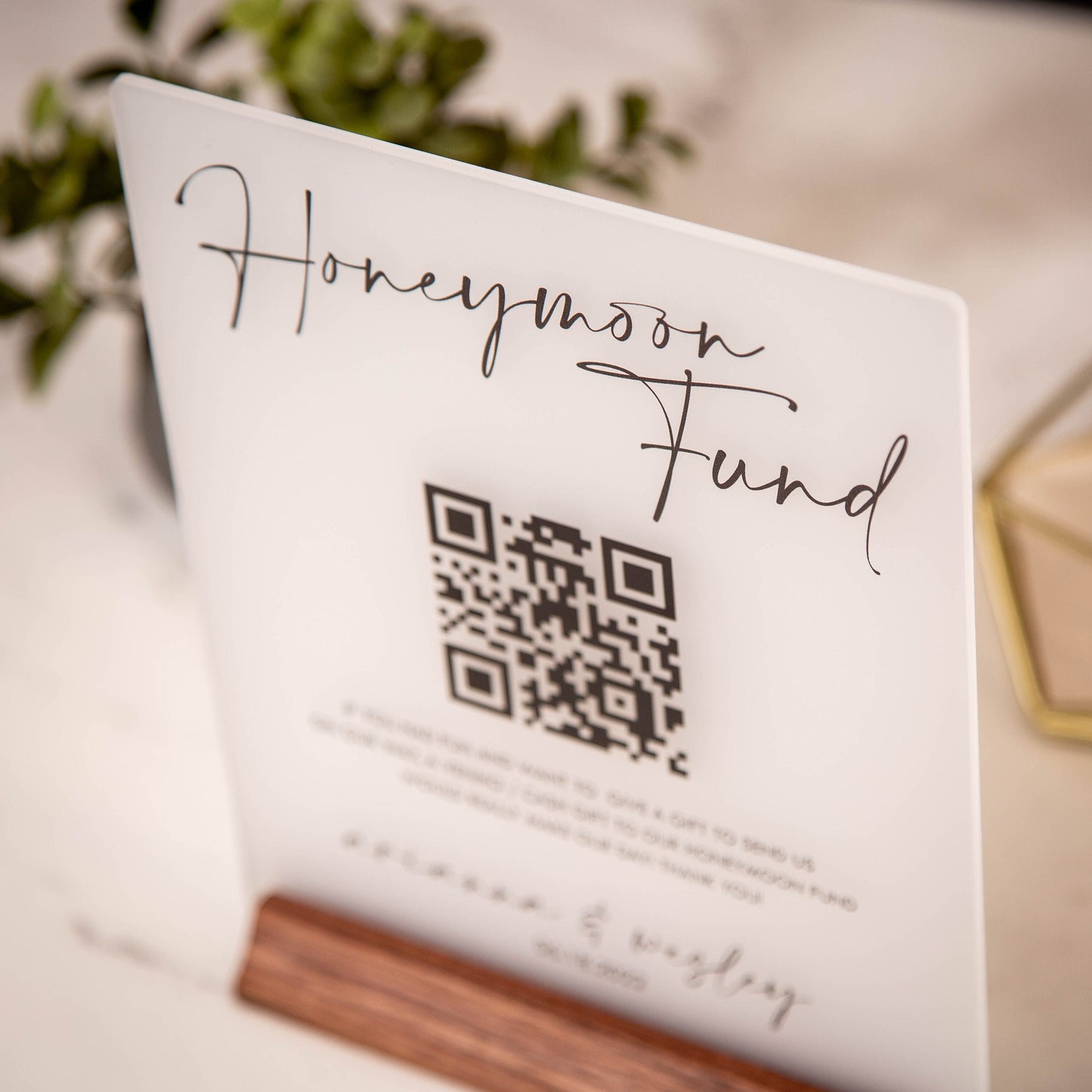 Honeymoon Fund QR Sign (Ice Acrylic) w/ Wood Stand - 6.5 x 7.75" Scannable QR Code Wedding Sign, Wedding Gift Table Decor, Venmo Link