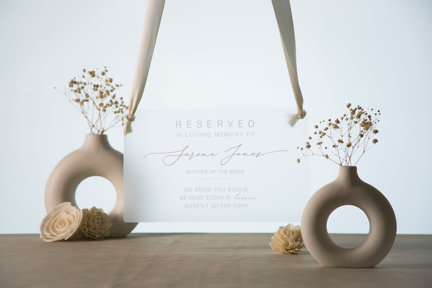 Reserved Hanging Acrylic Sign with Ribbon - Black or Frosted 11.5x7" Sign, In Loving Memory Sign for Wedding Chair Aisle, Memory Table Sign