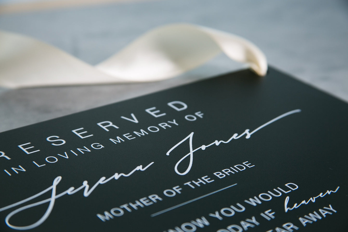 Reserved Hanging Acrylic Sign with Ribbon - Black or Frosted 11.5x7" Sign, In Loving Memory Sign for Wedding Chair Aisle, Memory Table Sign