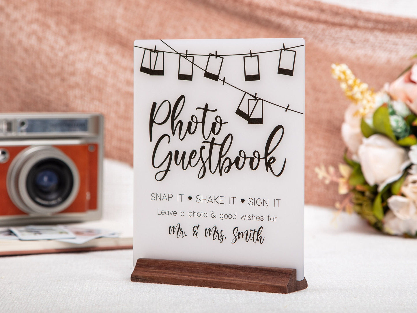 Ice Acrylic Guest Book Sign w/ Wood Stand - 6.5 x 7.75" Photo Guestbook Sign for Table Decor, Signage for Guest Book, Modern Wedding