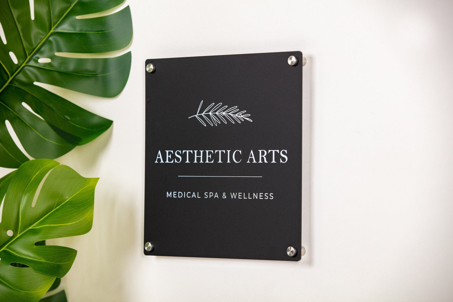 Black Acrylic Square Business Logo Sign w/ Metal Stand Offs - Custom Sign Personalized Beauty Spa Sign Small Business Office Door Name Plate