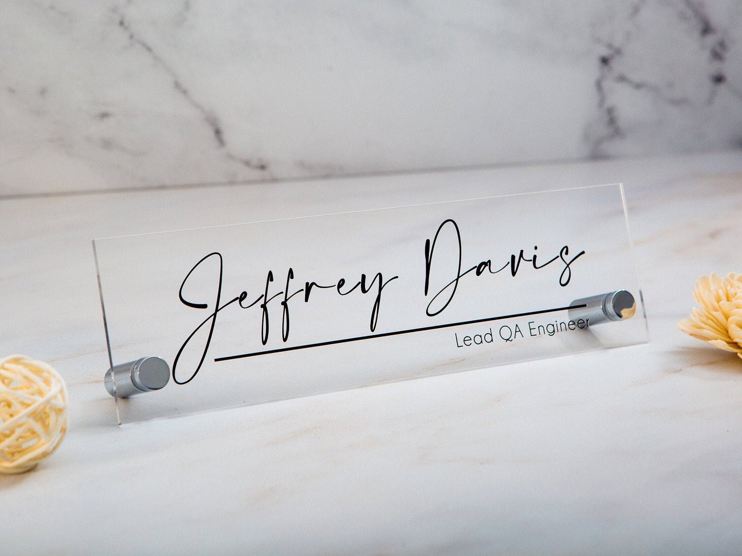 Standing Acrylic Name Plate - 10x2.75" Clear Script Executive Desk CEO Sign, New Job Office Business Decor, Promotion Gift for Husband