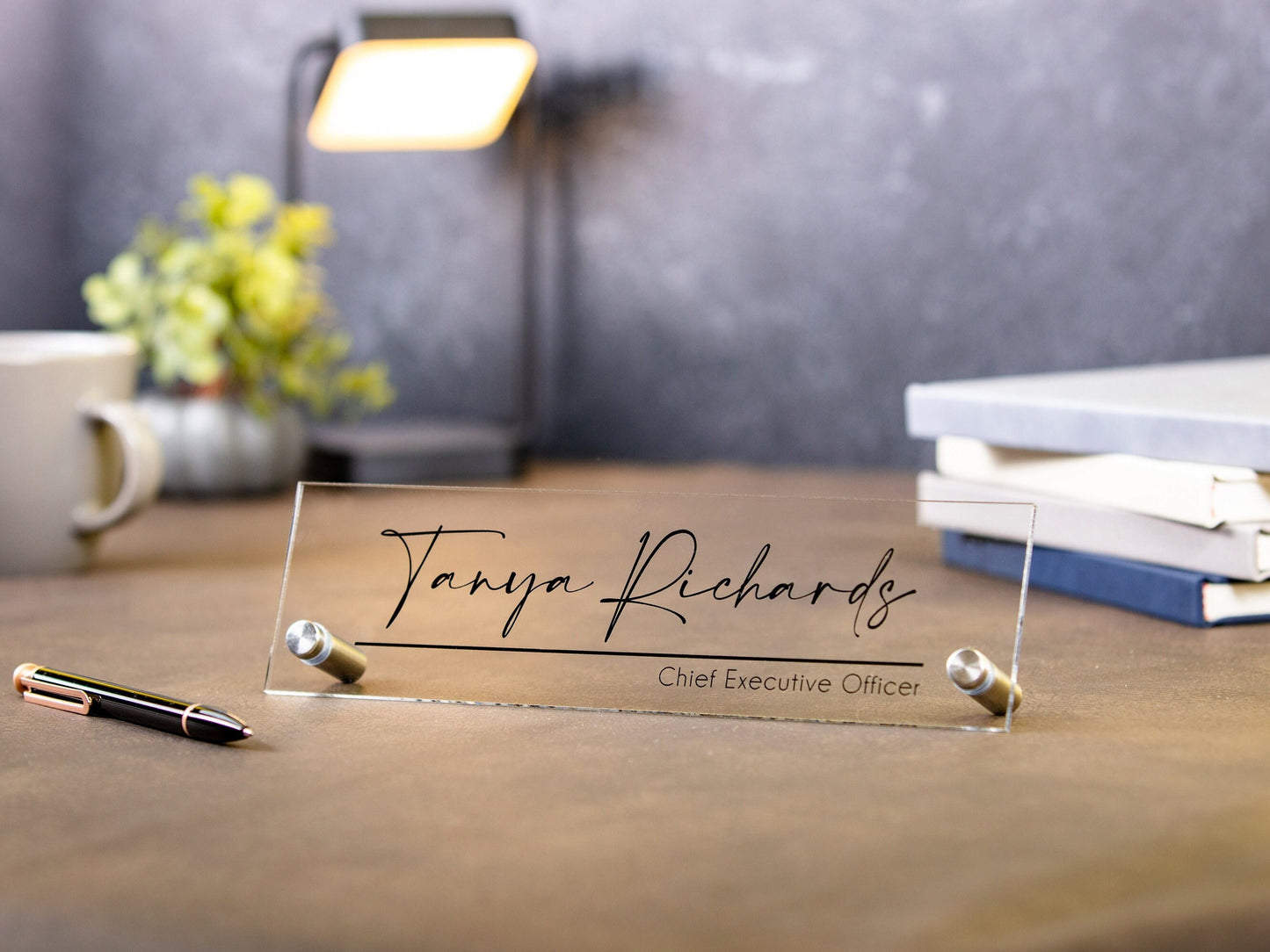 Standing Acrylic Name Plate - 10x2.75" Clear Script Executive Desk CEO Sign, New Job Office Business Decor, Promotion Gift for Husband