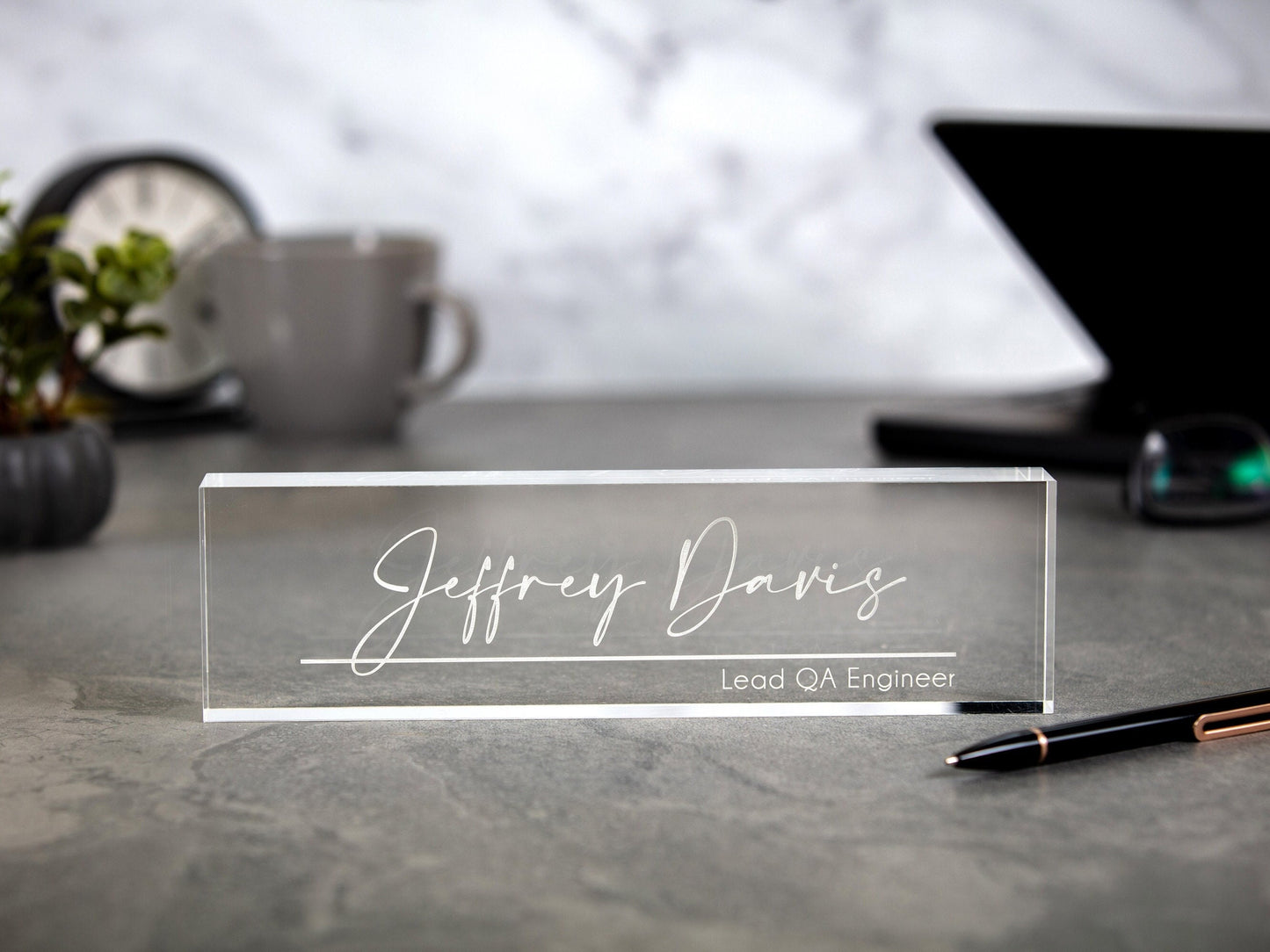 Engraved Desk Block - Minimal Executive CEO Desk Sign, Real Estate, Teacher Name Sign, New Job Employee Office Decor, Staff Corporate Gift