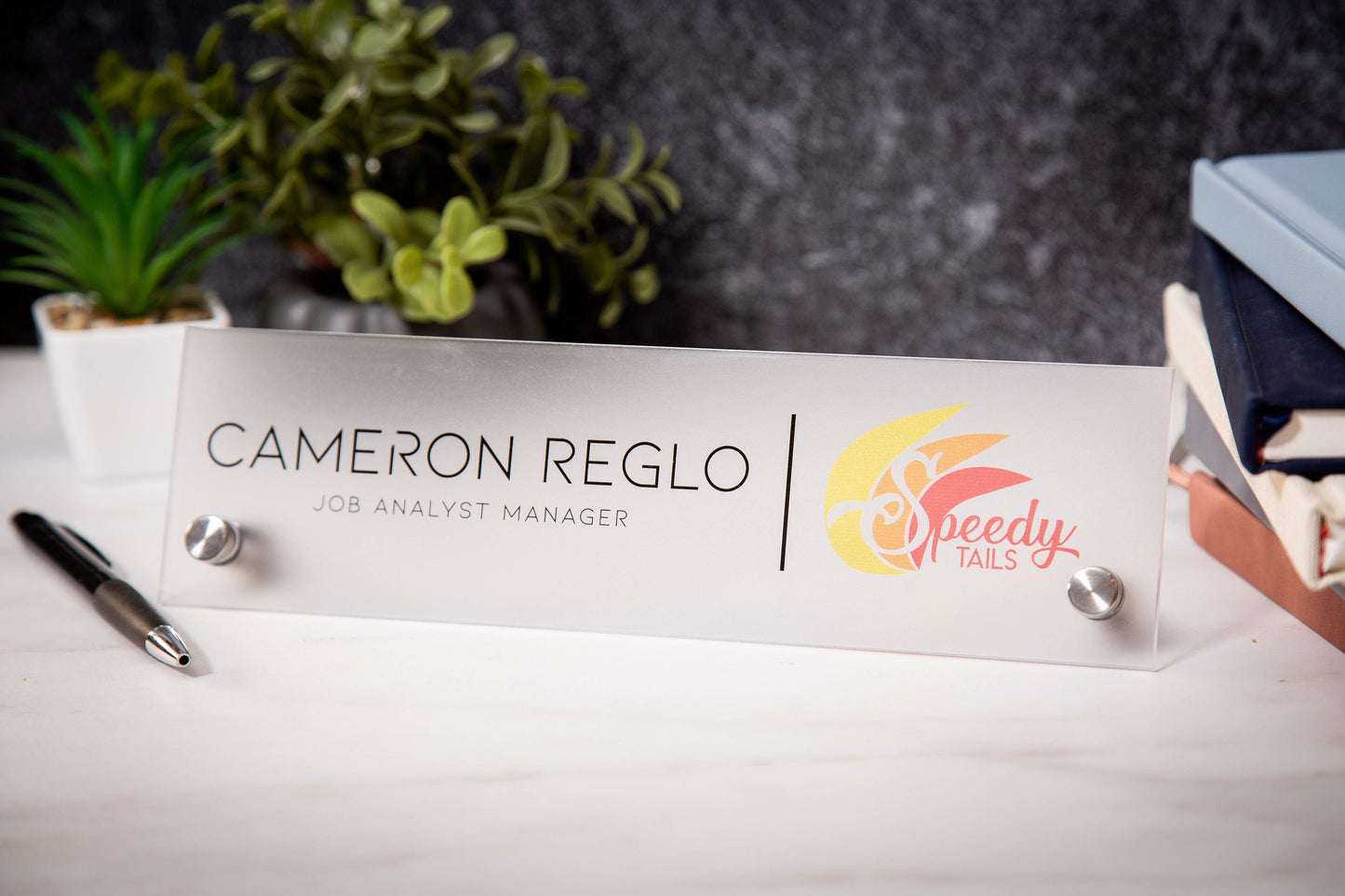 Frosted Standing Name Plate w/ Logo - 10x2.75" Desk Name Sign with Business Logo, New Job Office Decor, Coworker Promotion , Mom Dad Gift