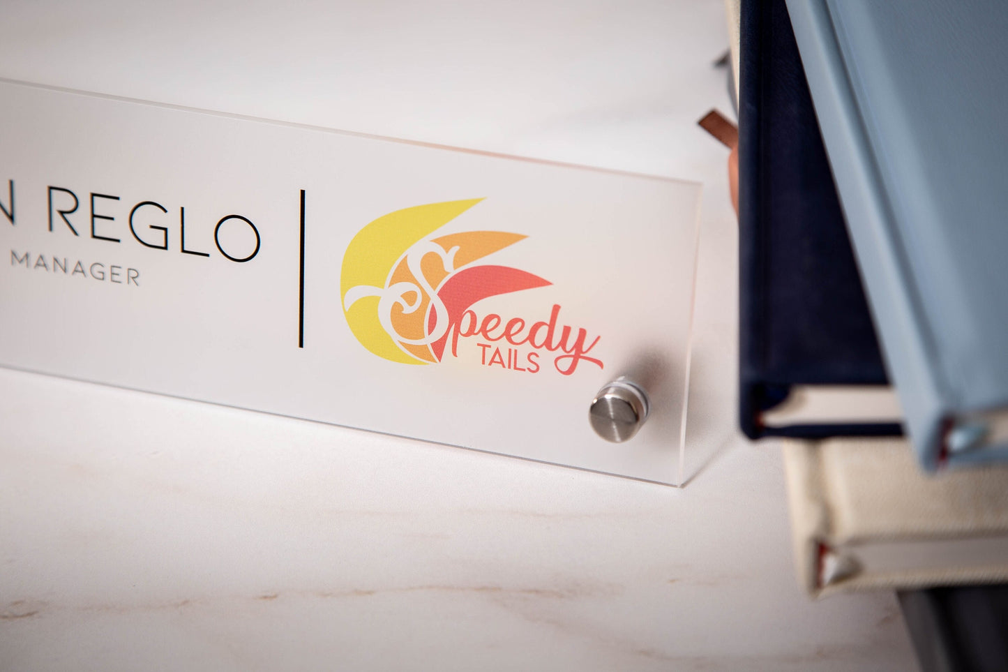Frosted Standing Name Plate w/ Logo - 10x2.75" Desk Name Sign with Business Logo, New Job Office Decor, Coworker Promotion , Mom Dad Gift