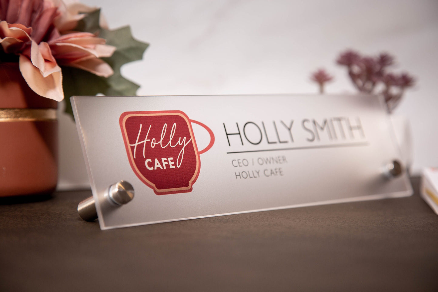 Frosted Standing Name Plate w/ Logo - 10x2.75" Clear Executive Desk Name Sign with Business Logo, Small Business Owner Gift, Gift for Him