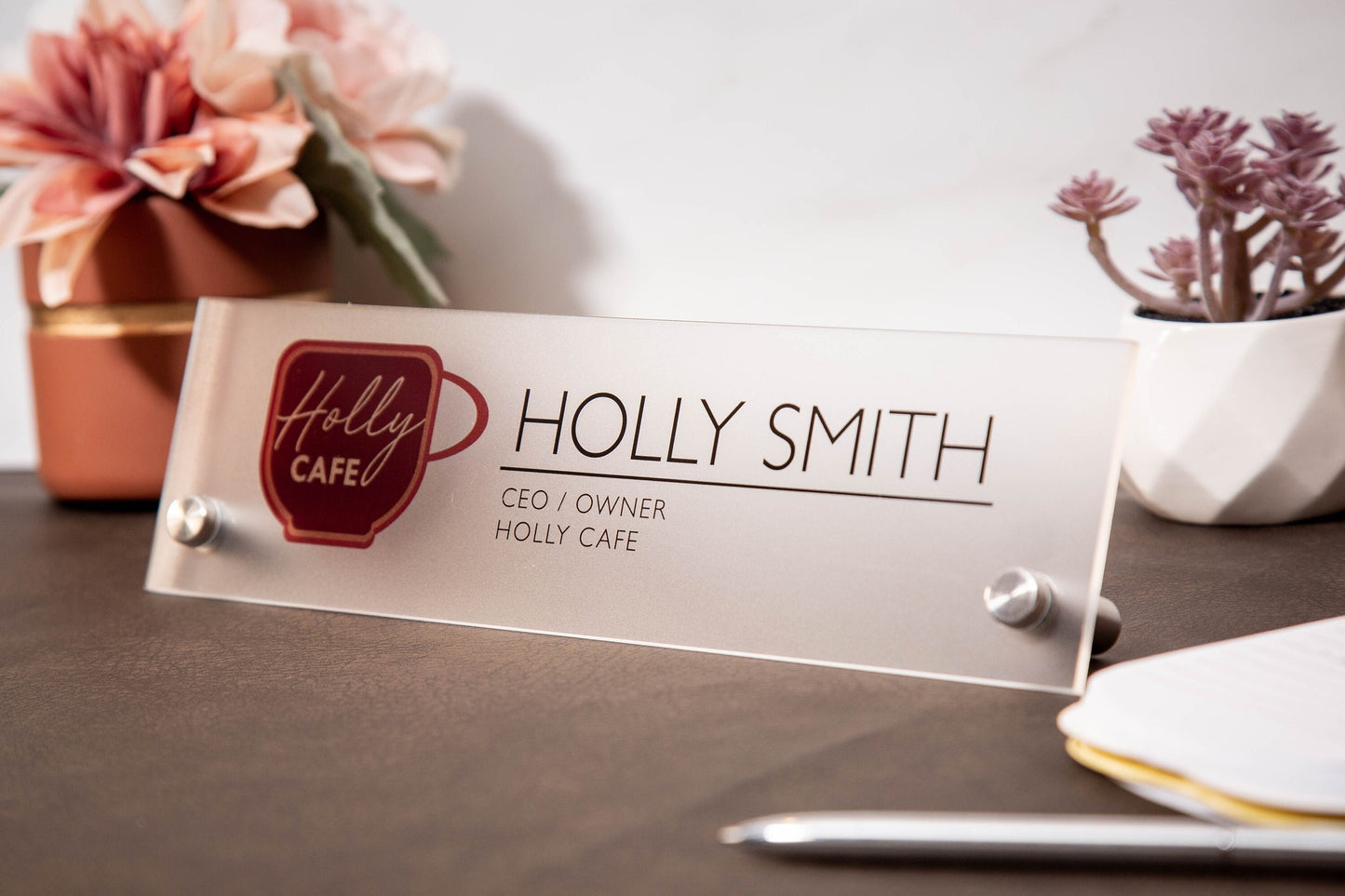 Frosted Standing Name Plate w/ Logo - 10x2.75" Clear Executive Desk Name Sign with Business Logo, Small Business Owner Gift, Gift for Him