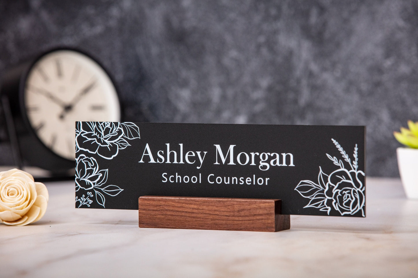 Acrylic Name Plate w/ Wood Stand - 10x2.75" Rose Floral Flowers Desk Name Sign Executive Desk CEO Sign, Custom Nurses Teacher School Gift