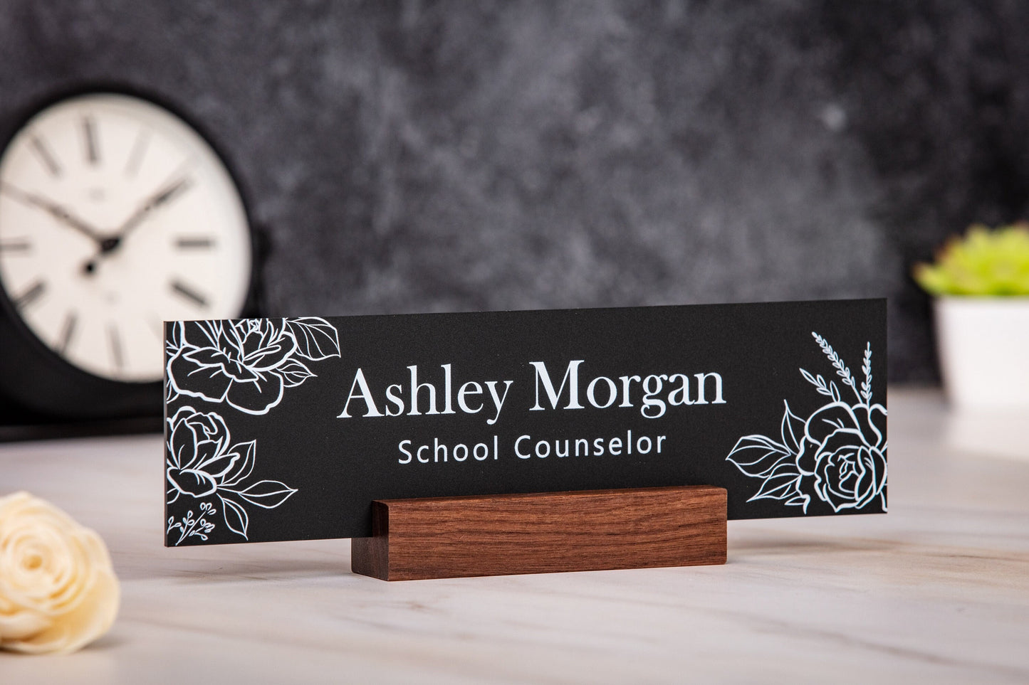 Acrylic Name Plate w/ Wood Stand - 10x2.75" Rose Floral Flowers Desk Name Sign Executive Desk CEO Sign, Custom Nurses Teacher School Gift