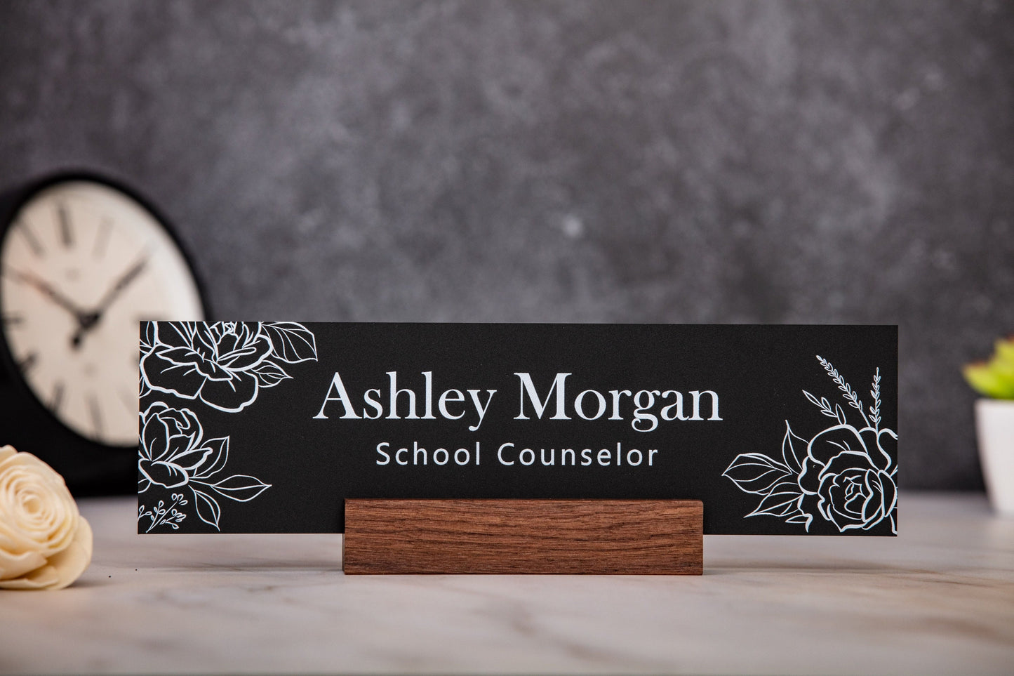 Acrylic Name Plate w/ Wood Stand - 10x2.75" Rose Floral Flowers Desk Name Sign Executive Desk CEO Sign, Custom Nurses Teacher School Gift