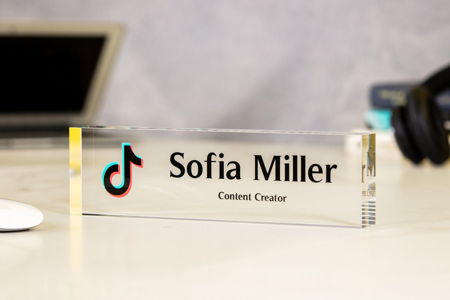 Acrylic Desk Block with Logo - 10x2.75 Executive CEO Plaque, New Job Office Business Decor, Company Staff Name Title Sign, Promotion Gift