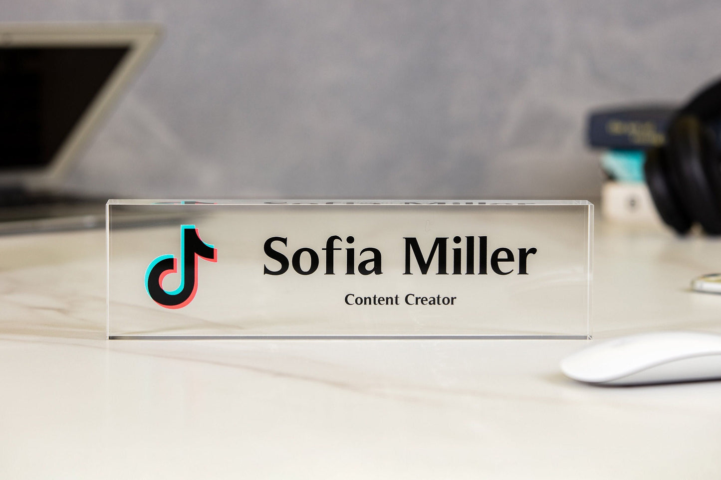 Acrylic Desk Block with Logo - 10x2.75 Executive CEO Plaque, New Job Office Business Decor, Company Staff Name Title Sign, Promotion Gift