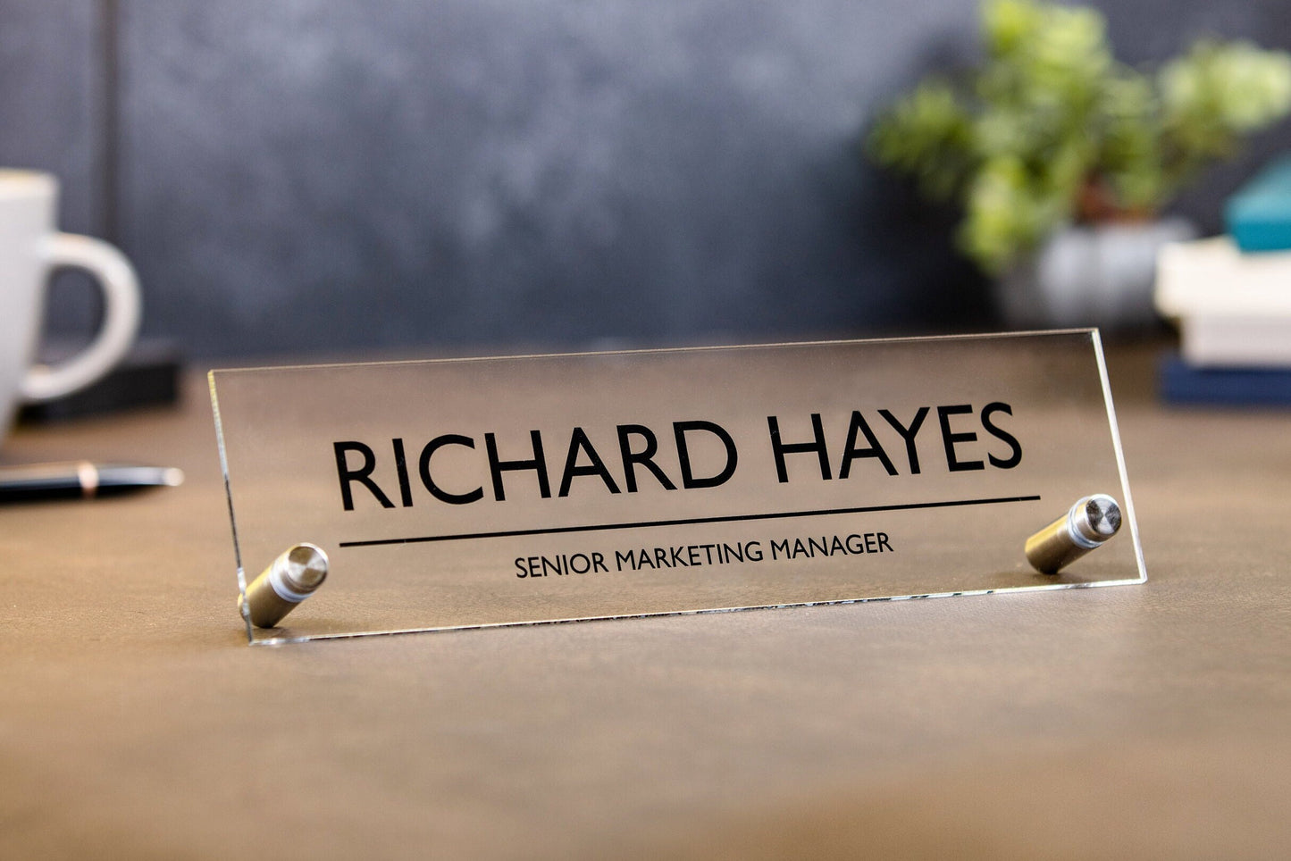 Standing Acrylic Name Plate - 10x2.75" Clear Bold Desk Sign, New Job Office Decor, Corporate Work Promotion Gift, Employee Staff, Dad Gift