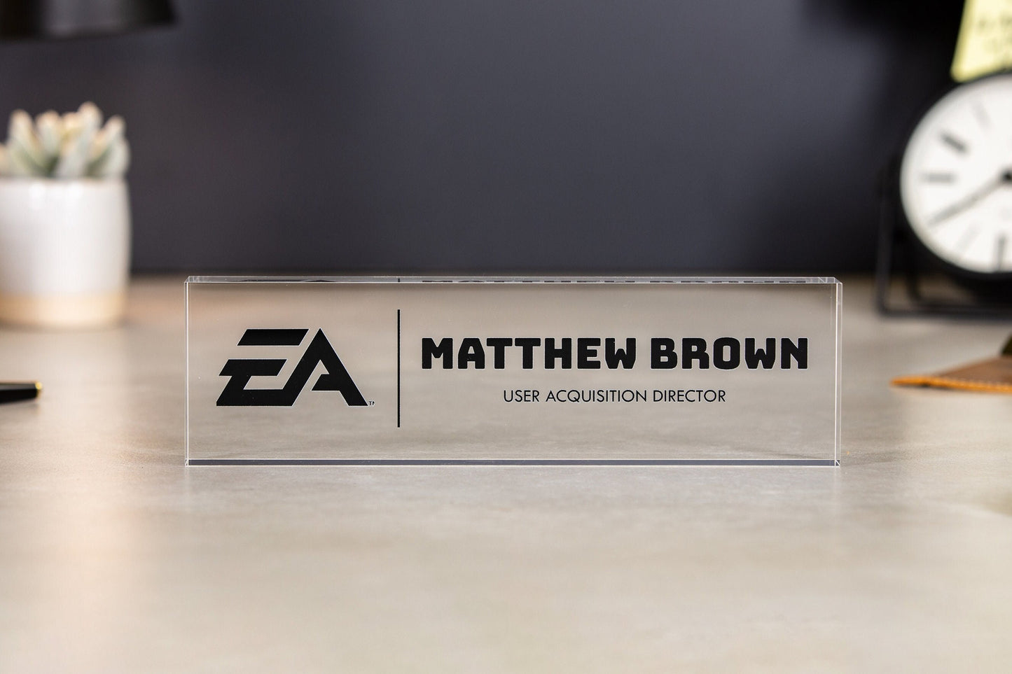 Acrylic Desk Block with Logo - 10x2.75 Executive CEO Plaque, New Job Office Business Decor, Company Staff Name Title Sign, Promotion Gift