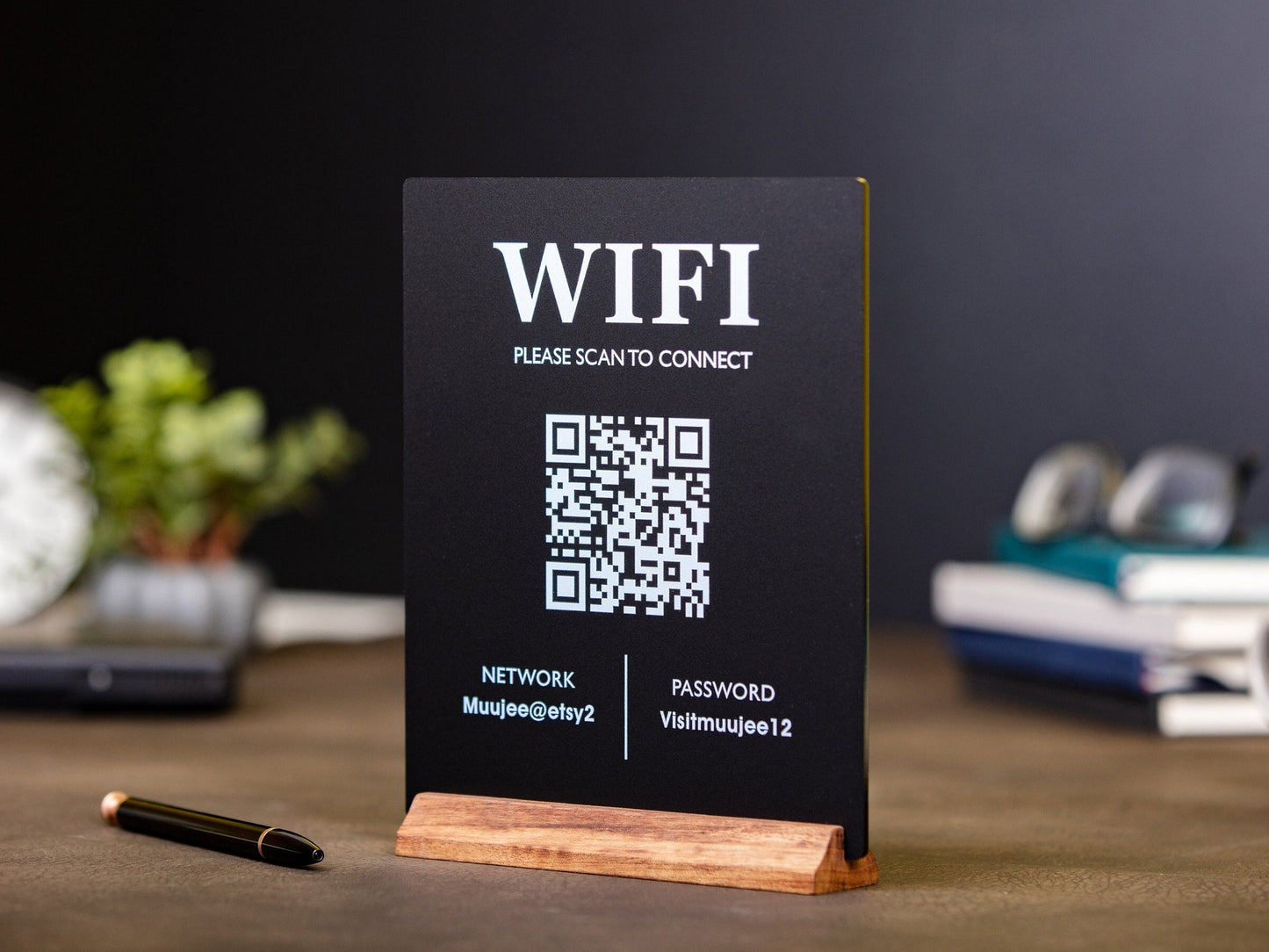 QR Code Wifi Acrylic Sign w/ Wood Base - 6x7.75" Table Sign for Home & Airbnb Rental, Sign for Small Business Office Signage, Salon Spa Wifi