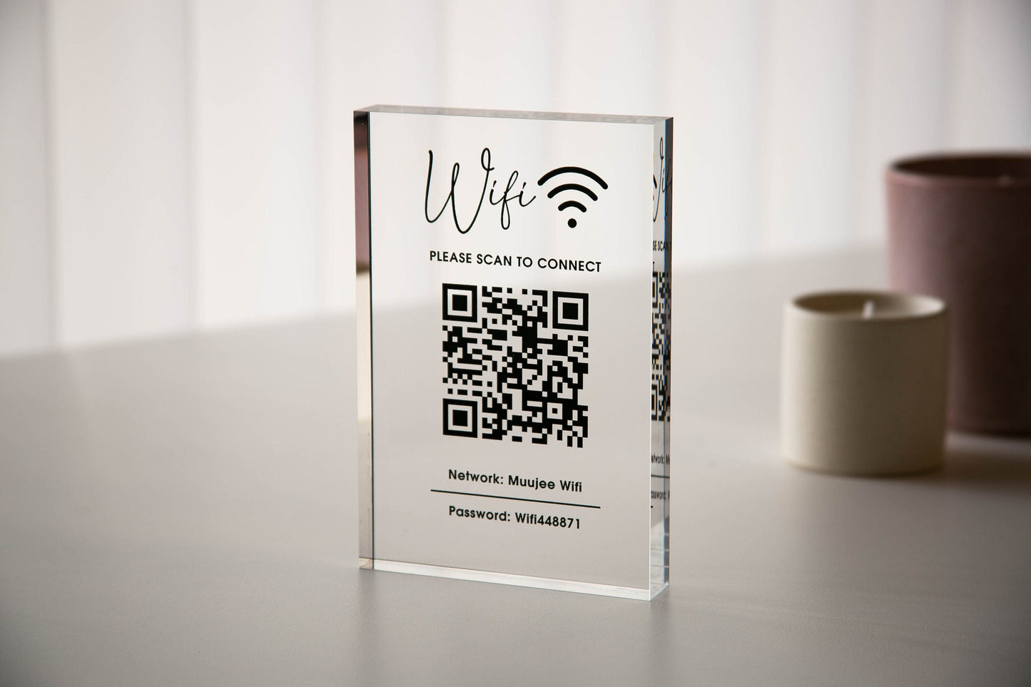 Personalized Acrylic QR Code Wifi Sign (Design 1) - Custom Network Password Table Top Signage Hotel Small Business Resaturants Bars Cafe