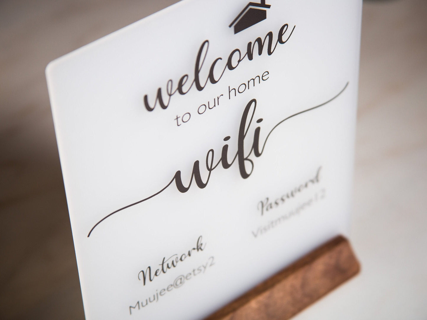Wifi Acrylic Sign w/ Wood Base - 6.5 x 7.75" Ice or Black Table Sign for Home & Airbnb Rental, Office Small Business Salons Restaurants Bar