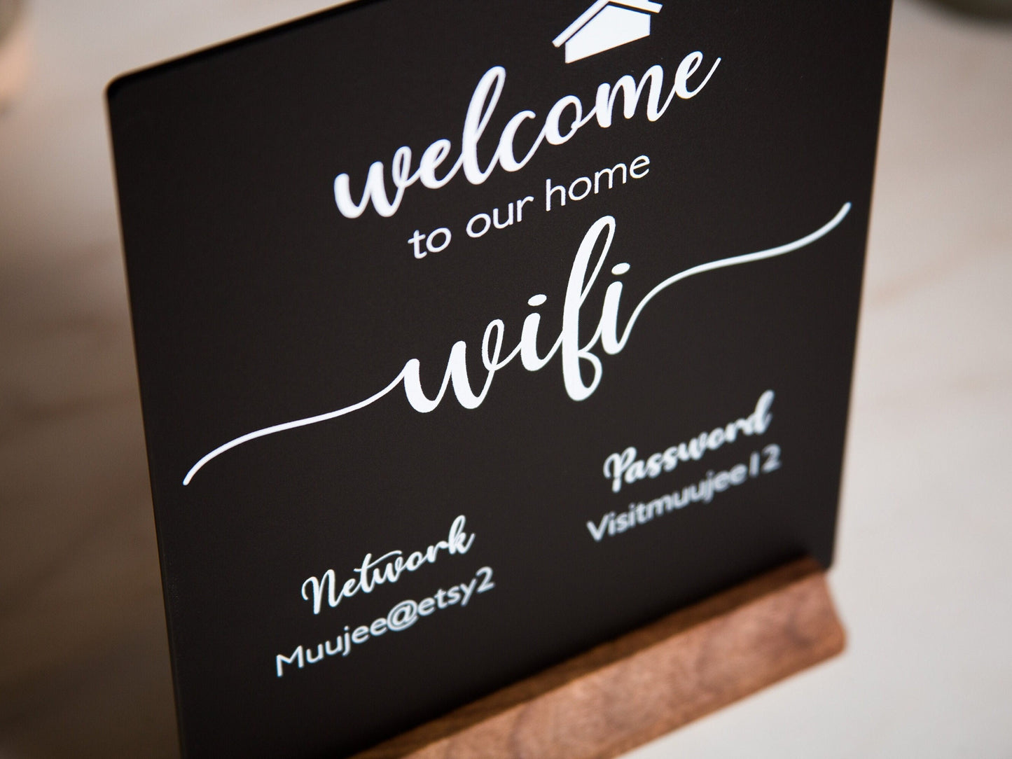 Wifi Acrylic Sign w/ Wood Base - 6.5 x 7.75" Ice or Black Table Sign for Home & Airbnb Rental, Office Small Business Salons Restaurants Bar