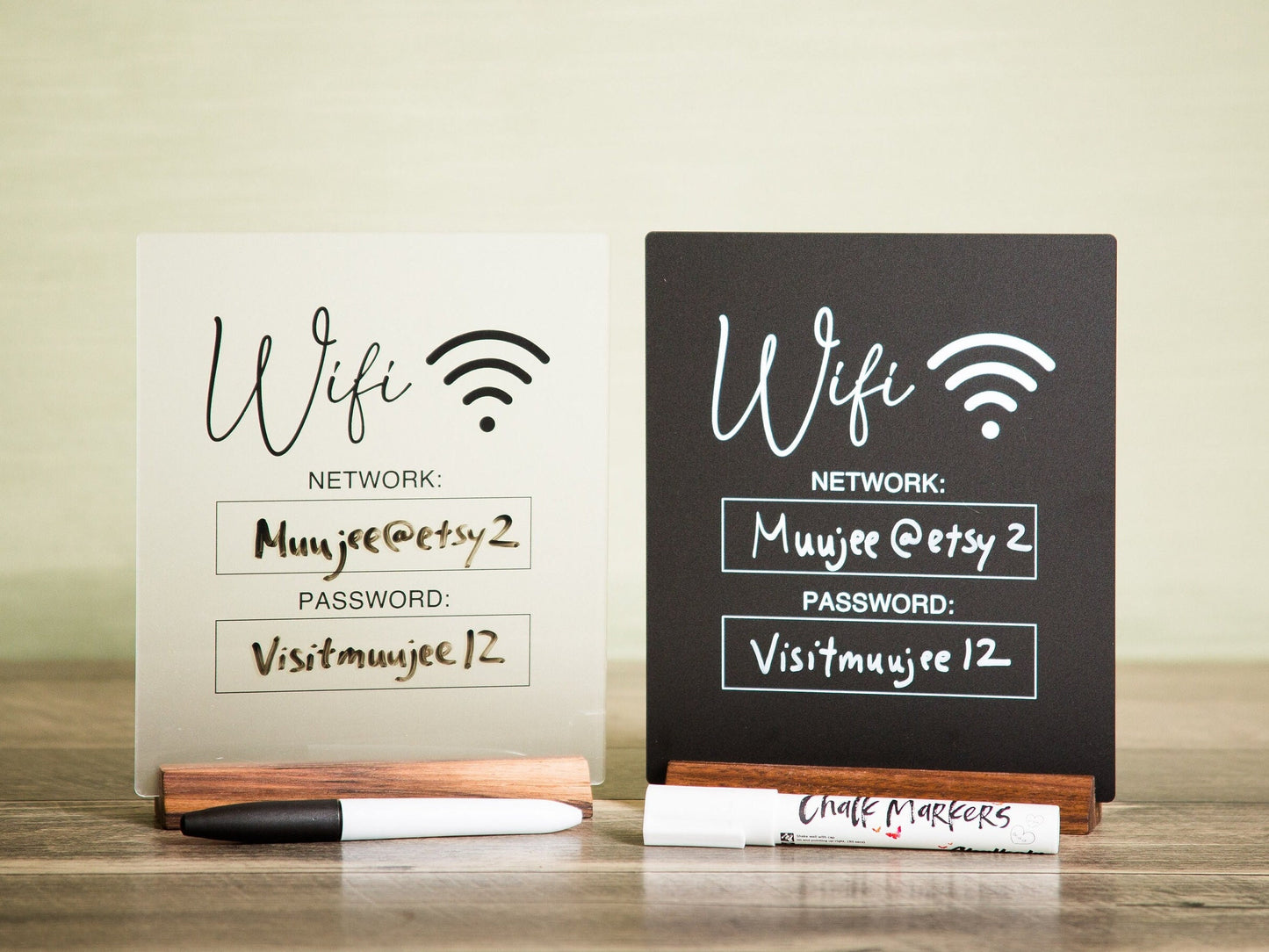 Dry Erase Wifi Acrylic Sign w/ Wood Base (Ready to Ship) - 6.5 x 7.75" Sign for Home & Airbnb Rental, Business Restaurants Bars Hotel