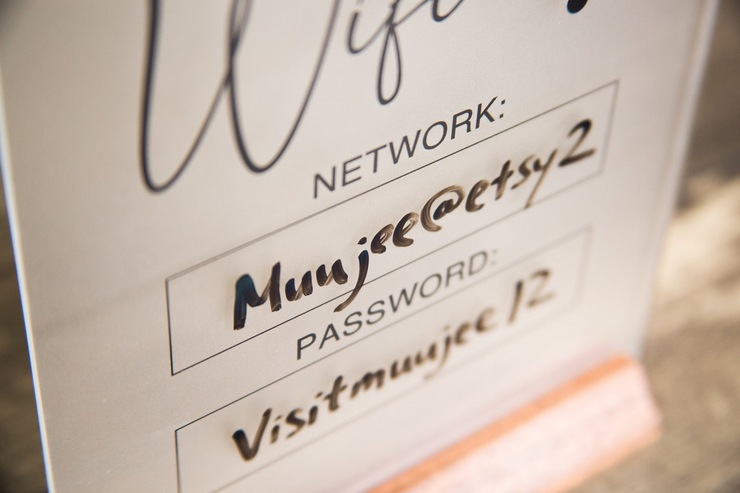 Dry Erase Wifi Acrylic Sign w/ Wood Base (Ready to Ship) - 6.5 x 7.75" Sign for Home & Airbnb Rental, Business Restaurants Bars Hotel