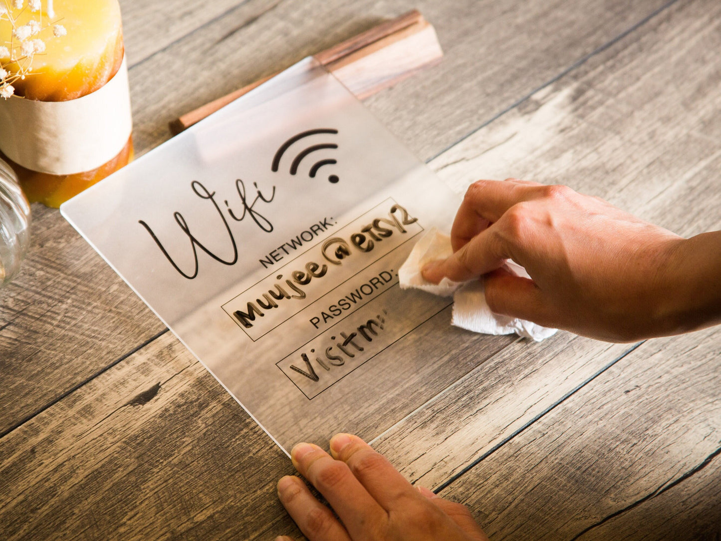 Dry Erase Wifi Acrylic Sign w/ Wood Base (Ready to Ship) - 6.5 x 7.75" Sign for Home & Airbnb Rental, Business Restaurants Bars Hotel