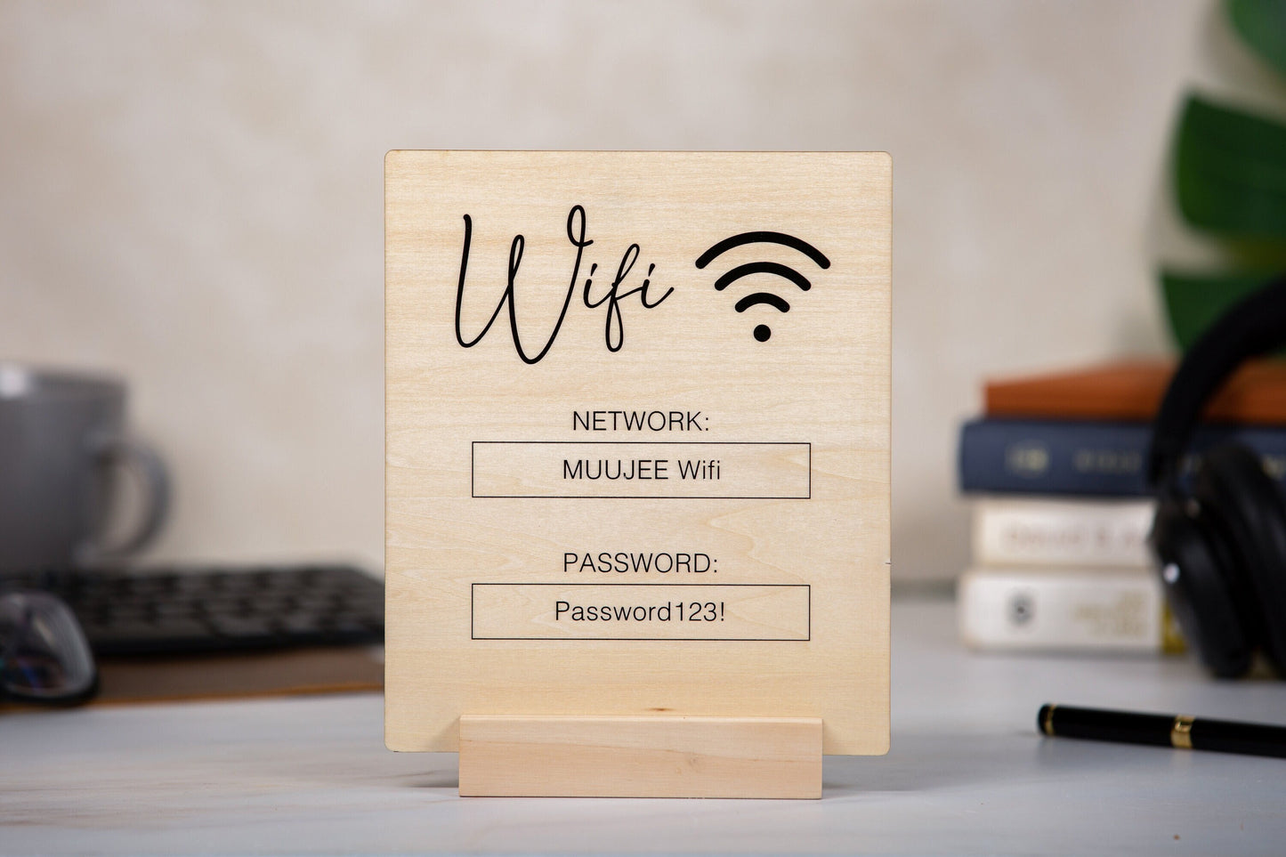 Wood Wifi Sign w/ Maple Wood Stand (Design 2) - Network Display Sign for Small Business Cafe Restaurant Beauty Spa AirBnB Rental Essential