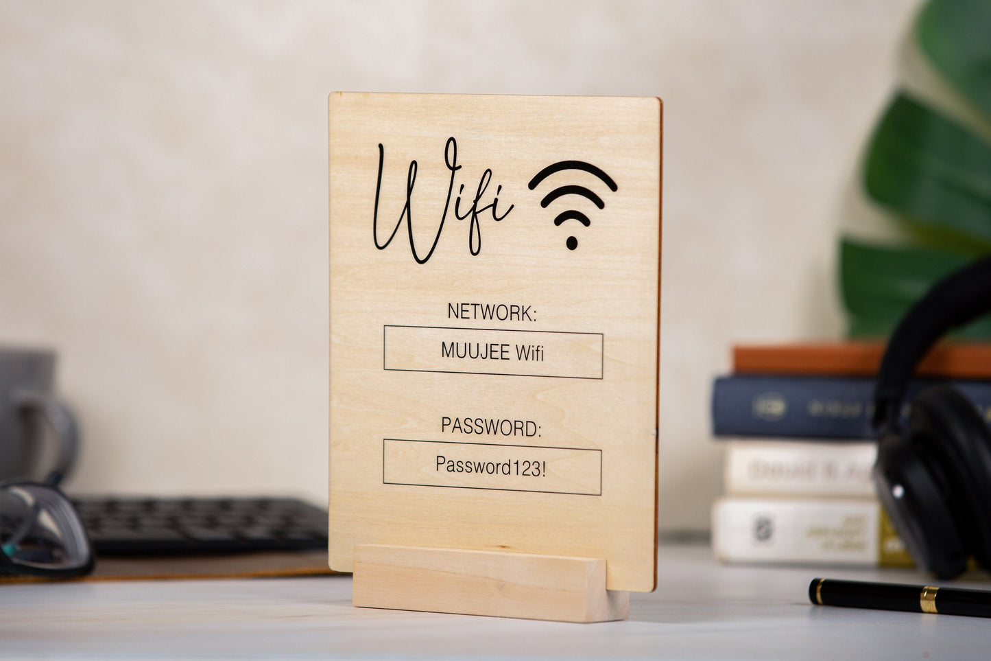 Wood Wifi Sign w/ Maple Wood Stand (Design 2) - Network Display Sign for Small Business Cafe Restaurant Beauty Spa AirBnB Rental Essential