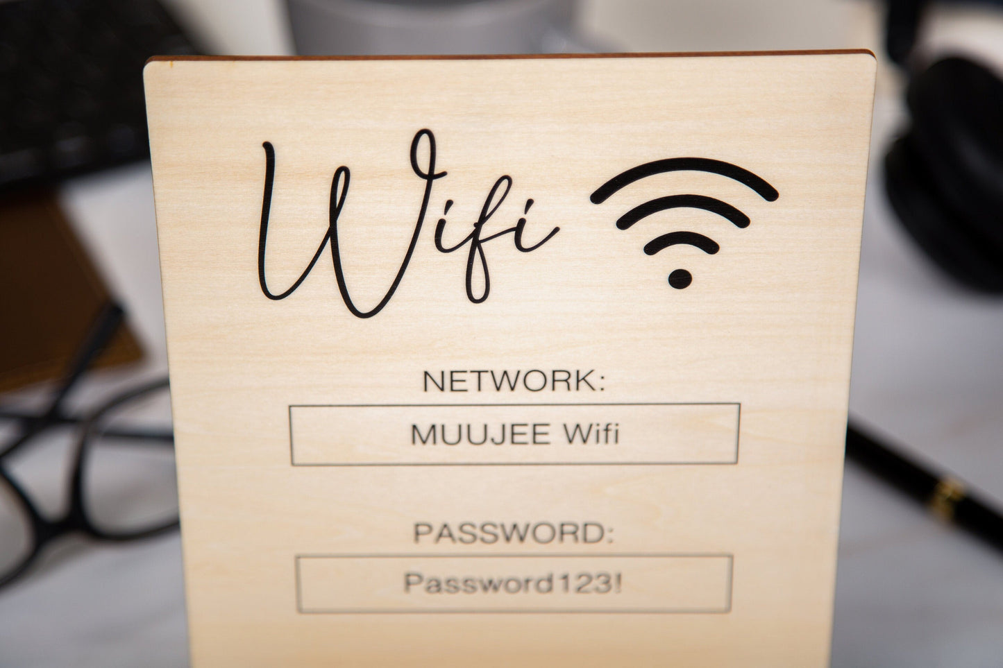 Wood Wifi Sign w/ Maple Wood Stand (Design 2) - Network Display Sign for Small Business Cafe Restaurant Beauty Spa AirBnB Rental Essential