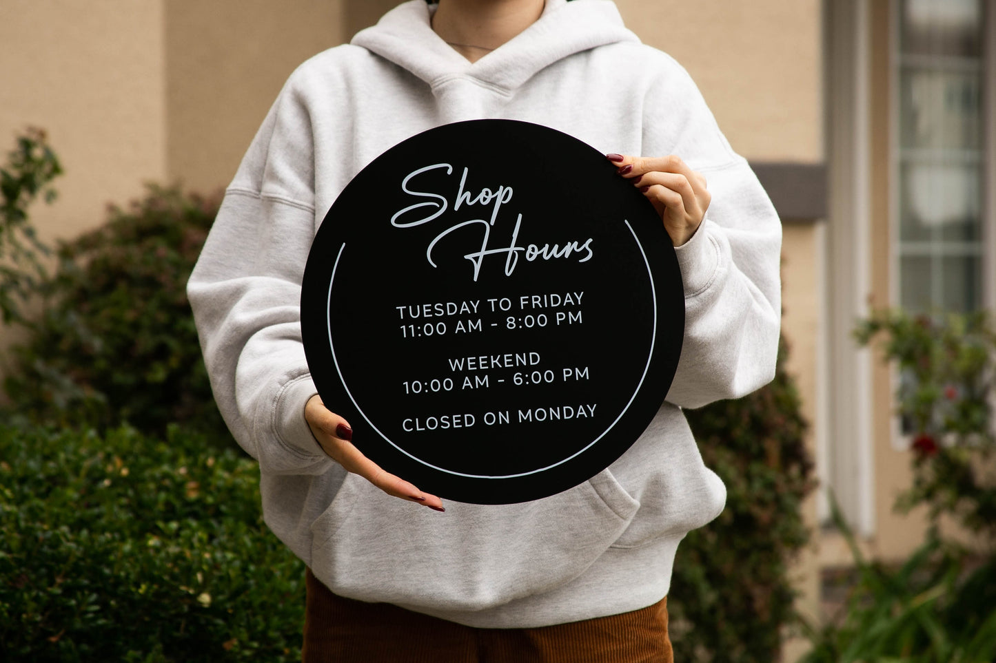 Round Acrylic Sign (Store Hours) w/ No Holes - custom signage for office home rental door, small business, spa salon operation hours signs