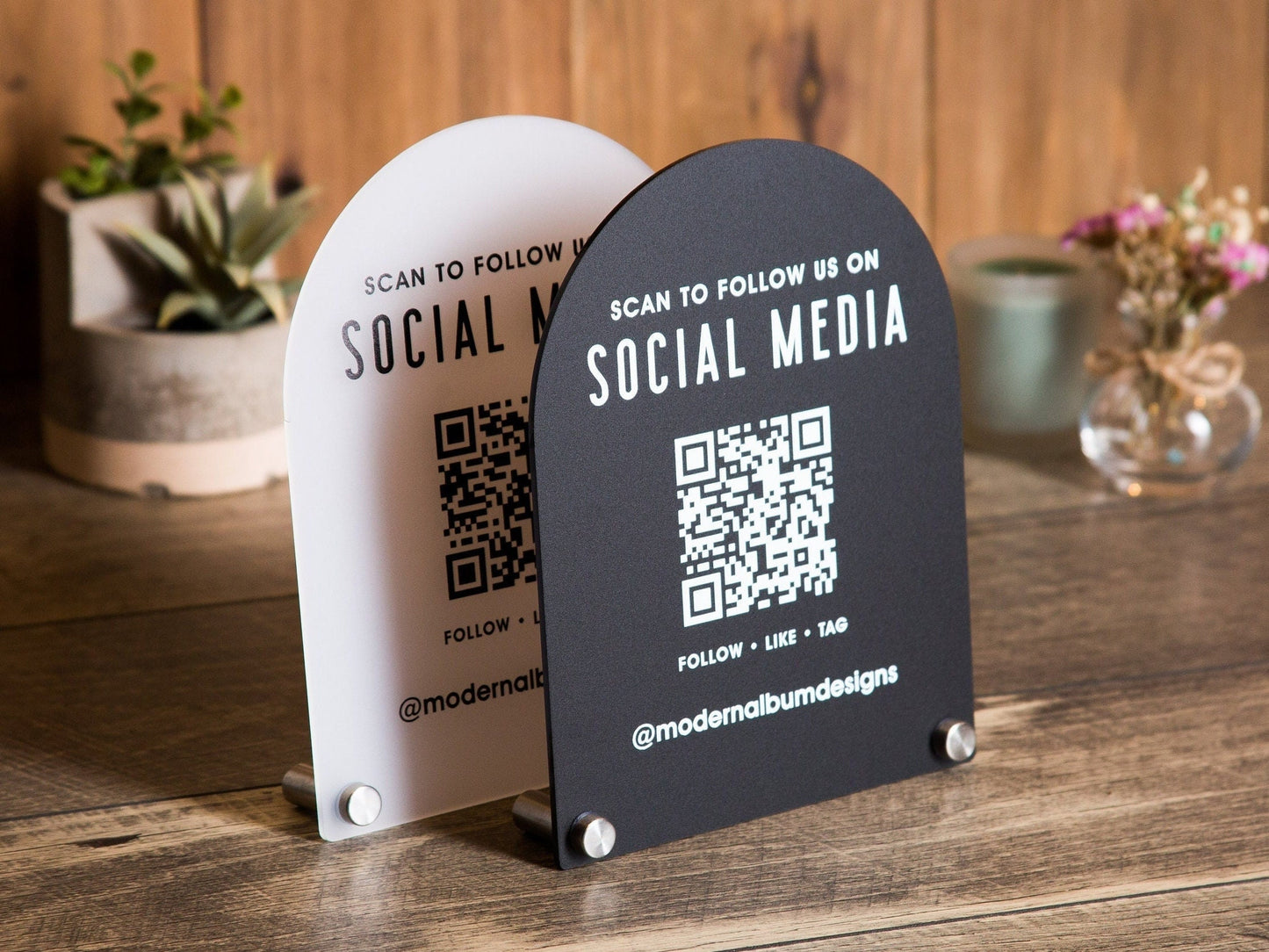 Arched QR Code Social Media Sign - 6x7.75" Scannable Table Desk Signage, Social Media for Small Business, Office Salon Restaurant Bar Signs