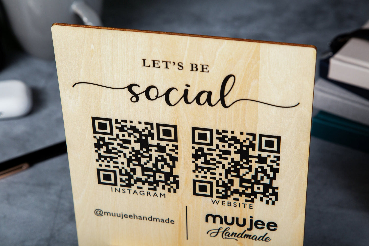 Maple QR Code Social Media Sign w/ Maple Wood Stand - Business Logo Plaque for Pop Up Vendors Weddings Salon Spa Trade Shows Craft Shows