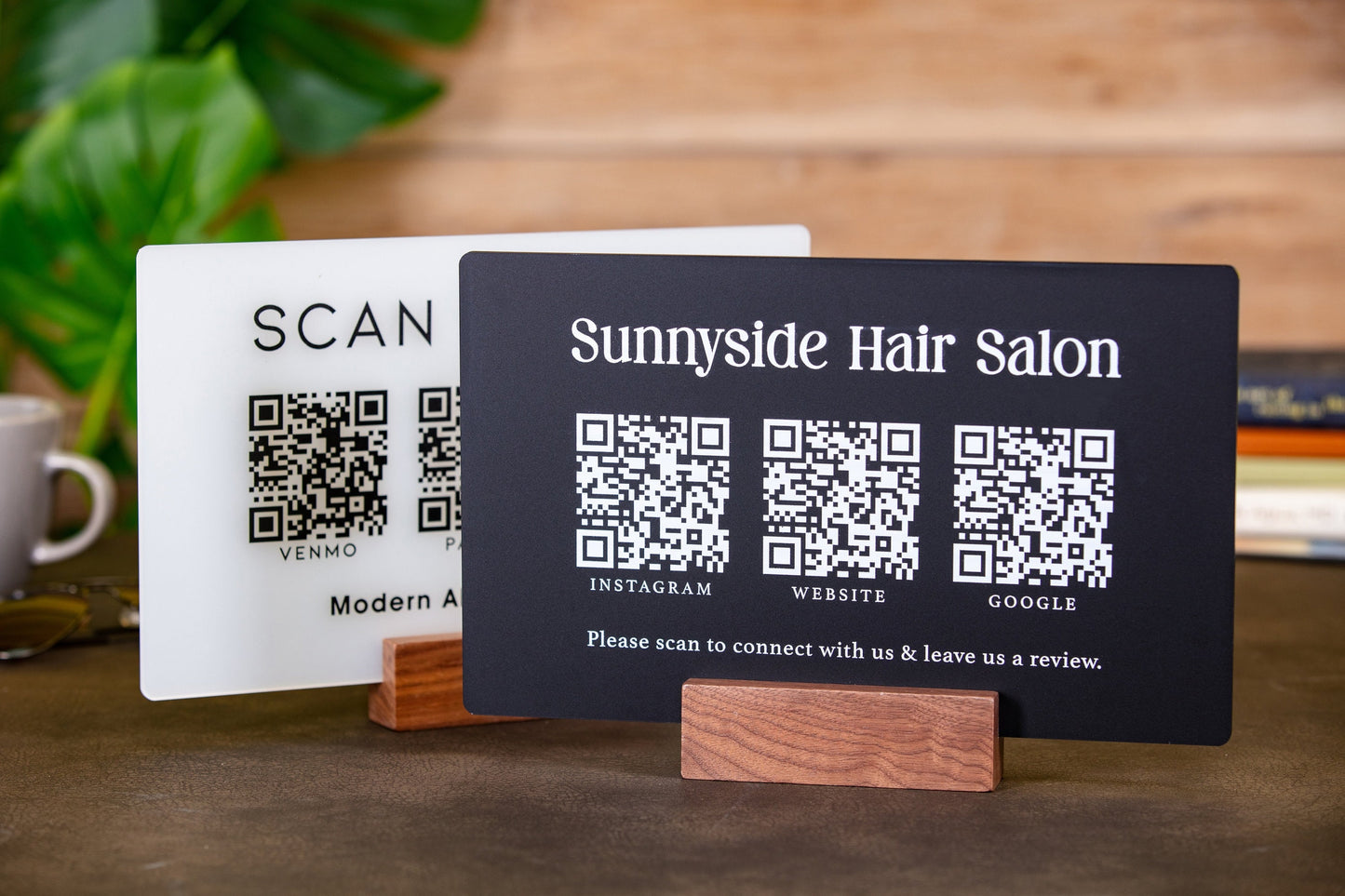 3 QR Codes Business Sign w/ Wood Stand - 11.5x7" Scannable Acrylic Instagram Tiktok Website Business Salon Restaurant Bar Reviews Tips Sign