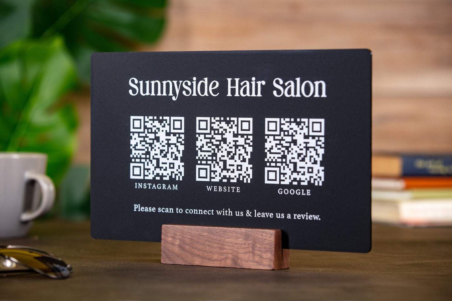 3 QR Codes Business Sign w/ Wood Stand - 11.5x7" Scannable Acrylic Instagram Tiktok Website Business Salon Restaurant Bar Reviews Tips Sign