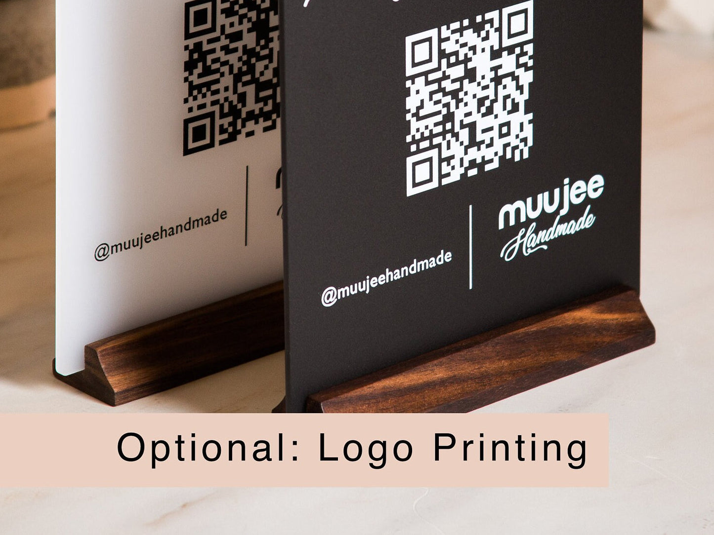QR Code Social Media Sign w/ Wood Stand - Scannable Office Table Desk Signage, Social Media for Small Business, Salon Restaurant Bar Signs