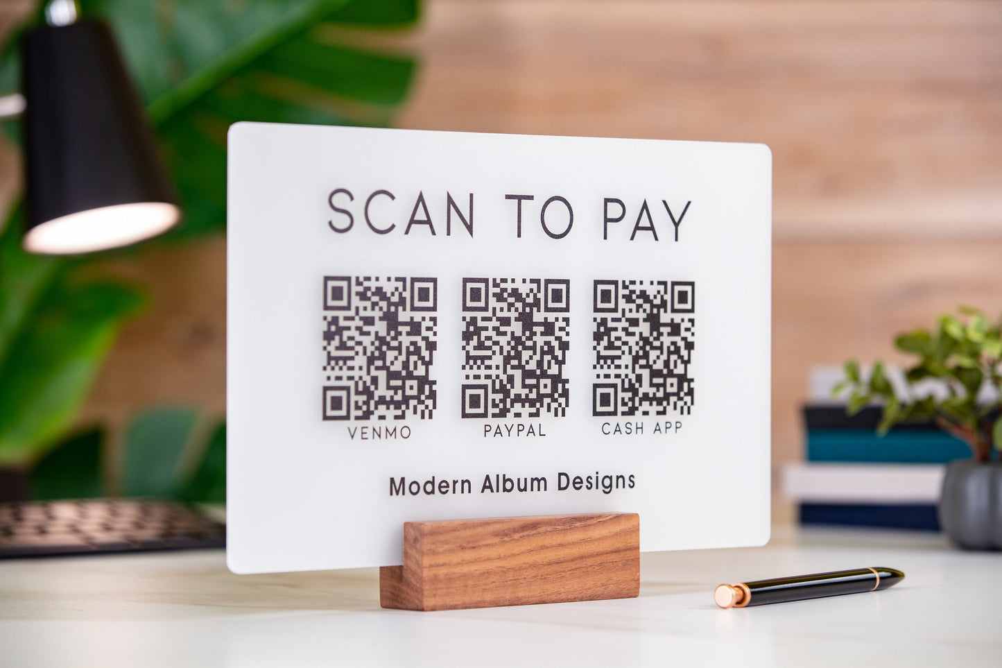 3 QR Codes Scan to Pay w/ Wood Stand - 11.5x7" Scannable Acrylic Desk Signs, Instagram Venmo Website Business Restaurant Bar Reviews Tips