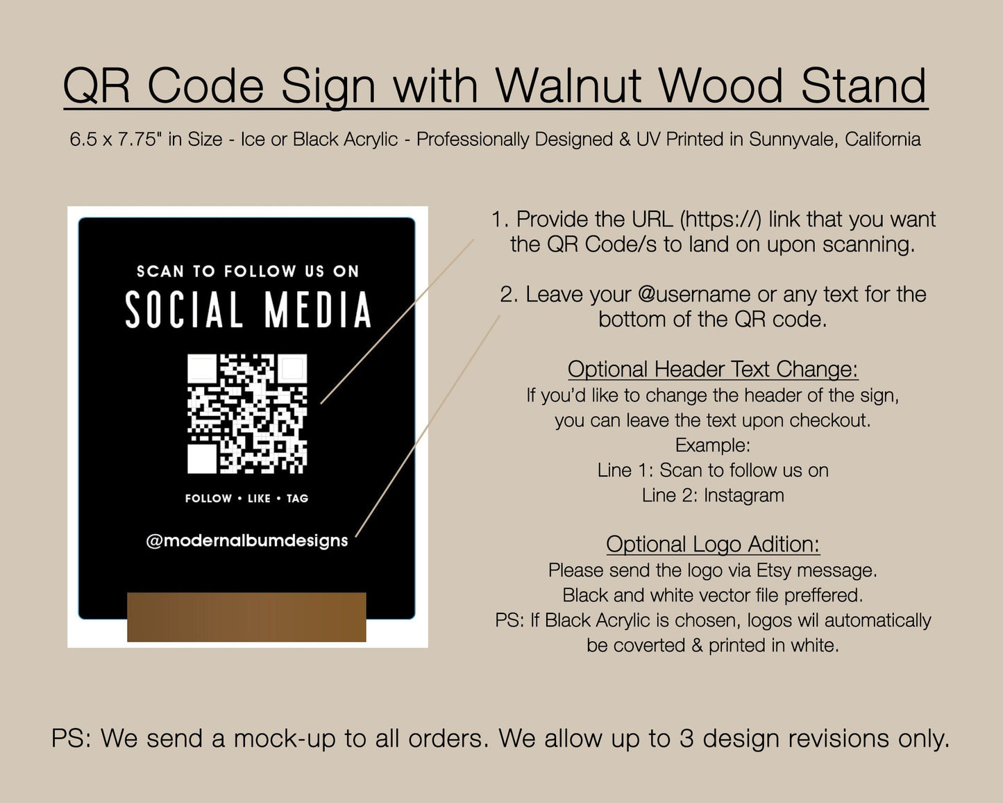 QR Code Social Media Sign w/ Wood Stand - Scannable Office Table Desk Signage, Social Media for Small Business, Salon Restaurant Bar Signs